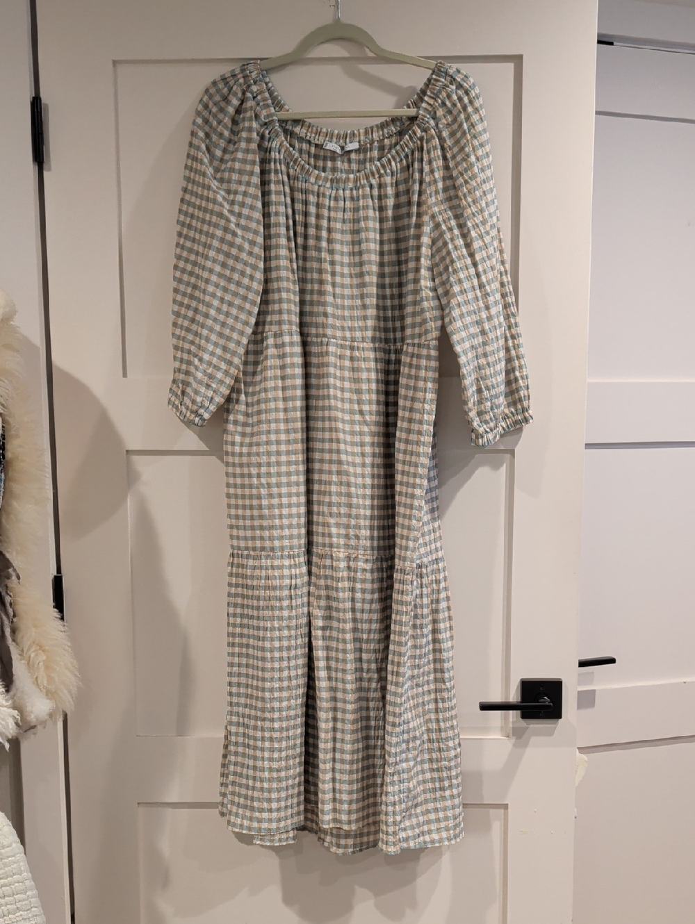 Gingham Milkmaid Midi Dress in Sage and Cream